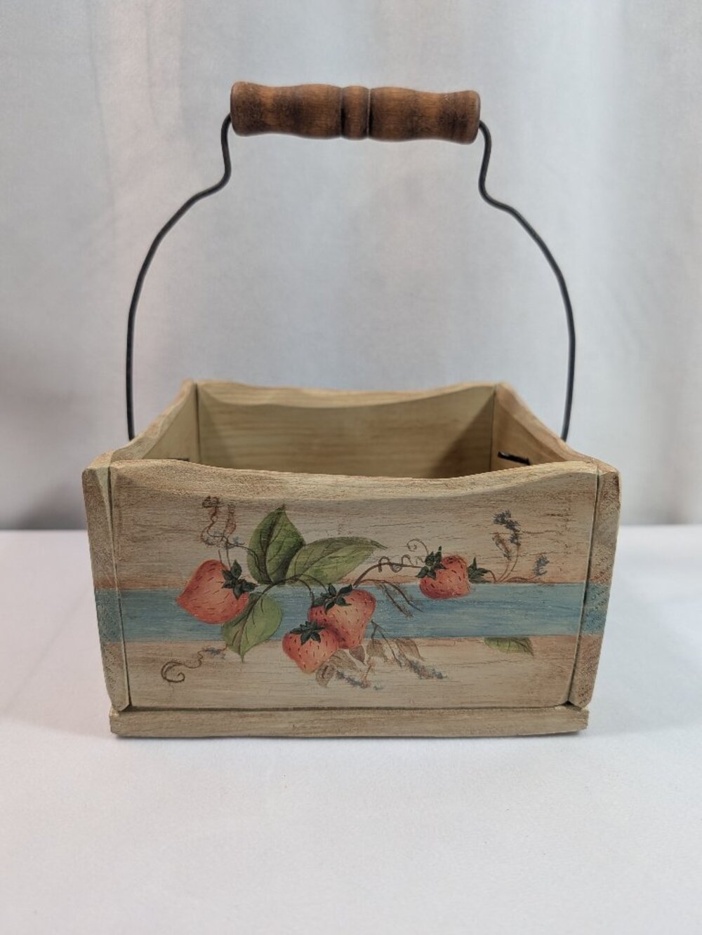 Vintage Rustic Wooden Basket Hand Painted Strawberries Wire Handle Wood Grip